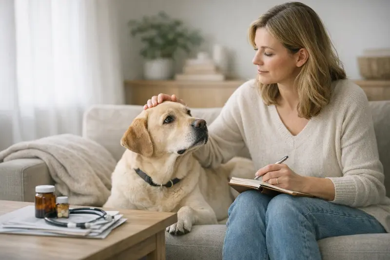 Ein glücklicher Hund beim Tierarzt, während die Halterin Fragen zur Krankenversicherung stellt.