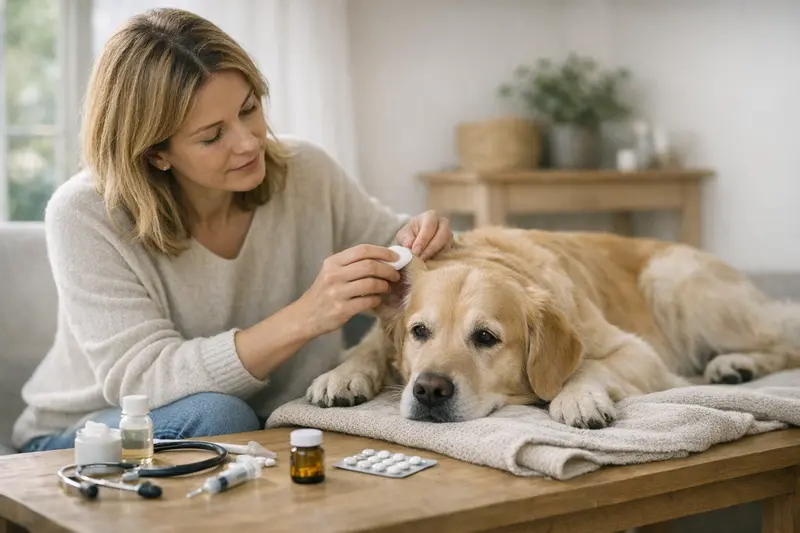 Hund beim Tierarzt Ein glücklicher Hund beim Tierarzt, der auf eine Untersuchung vorbereitet wird.