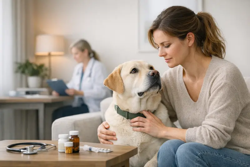 Ein Hundebesitzer spricht mit einem Tierarzt über die Hundeversicherung und Vorsorgemaßnahmen.
