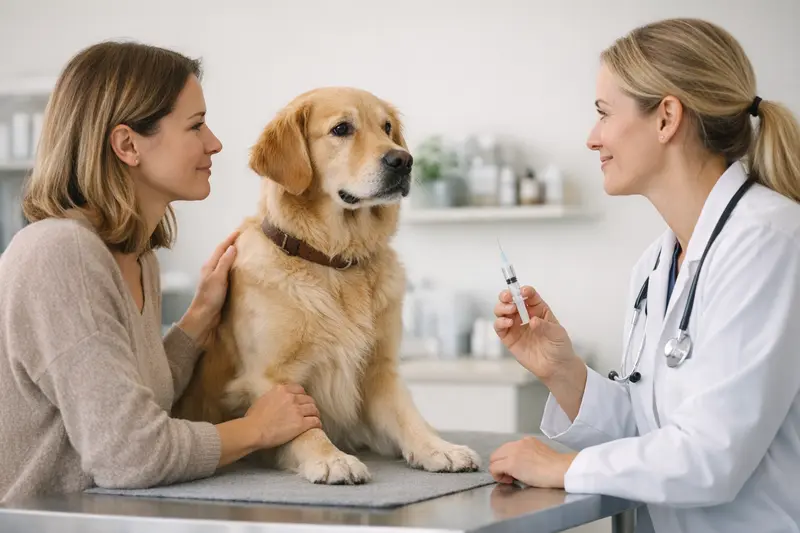 Hund beim Tierarzt, der eine Impfberatung durchführt