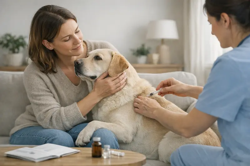 Hund beim Tierarzt, der eine Impfung erhält, passend zur Frage nach Vorsorge in der Hundekrankenversicherung