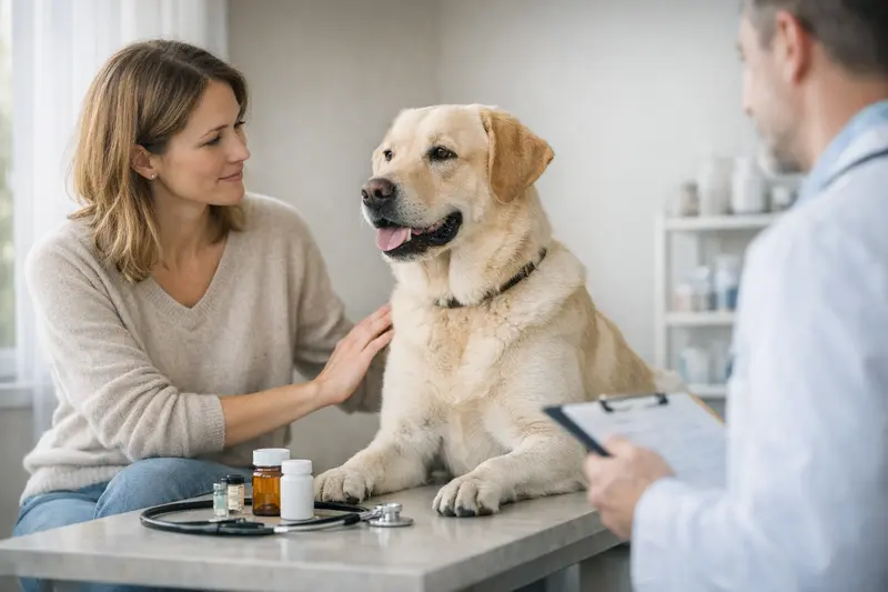 Tierarztbesuch zur Vorsorgeuntersuchung bei Hunden Ein gesunder Hund beim Tierarzt für eine notwendige Untersuchung.