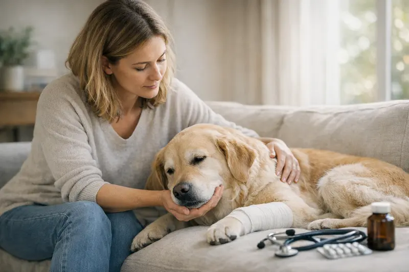 Hund auf Untersuchungstisch beim Tierarzt Ein Hund liegt entspannt auf einem Untersuchungstisch beim Tierarzt.