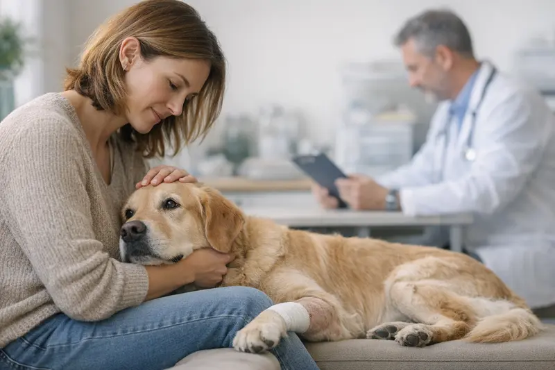 Ein glücklicher Hund wird von seinem Besitzer nach einer Operation betreut, was die Bedeutung einer OP-Versicherung zeigt.
