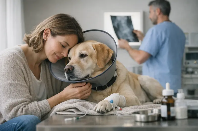 Eine Hundebesitzerin bespricht mit ihrem Tierarzt die Diagnose und Behandlungskosten für ihren Hund.