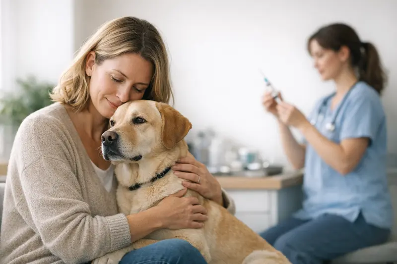 Tierarzt bei der Impfung eines Hundes, um sicherzustellen, dass Vorsorgeleistungen in der Hundekrankenversicherung berücksichtigt werden.