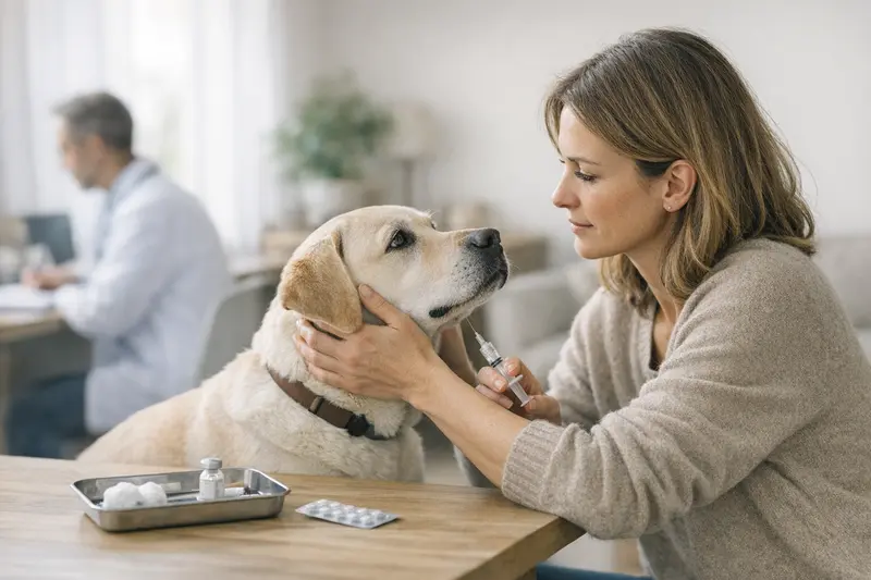 Ein Hund beim Tierarzt, der eine Impfung erhält, um die Wichtigkeit von Vorsorgeleistungen zu verdeutlichen.