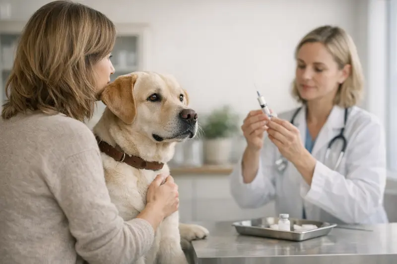 Tierarzt bei der Impfung eines Hundes mit vorgebeugter Haltung des Besitzers.
