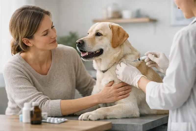 Ein Hund beim Tierarzt zur Impfung, symbolisiert die Bedeutung von Vorsorgeleistungen in der Hundeversicherung.