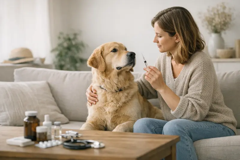 Hund im Tierarztbesuch Hund beim Tierarzt zur Impfung