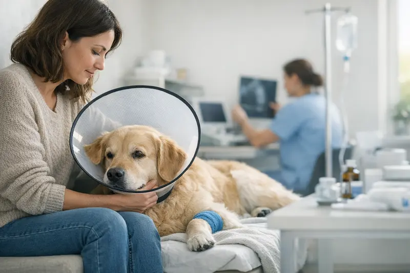 Hund beim Tierarzt für Voruntersuchung Hund beim Tierarzt mit einem Untersuchungstisch im Hintergrund