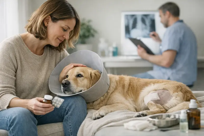 Ein Tierarzt führt eine Voruntersuchung bei einem Hund durch.
