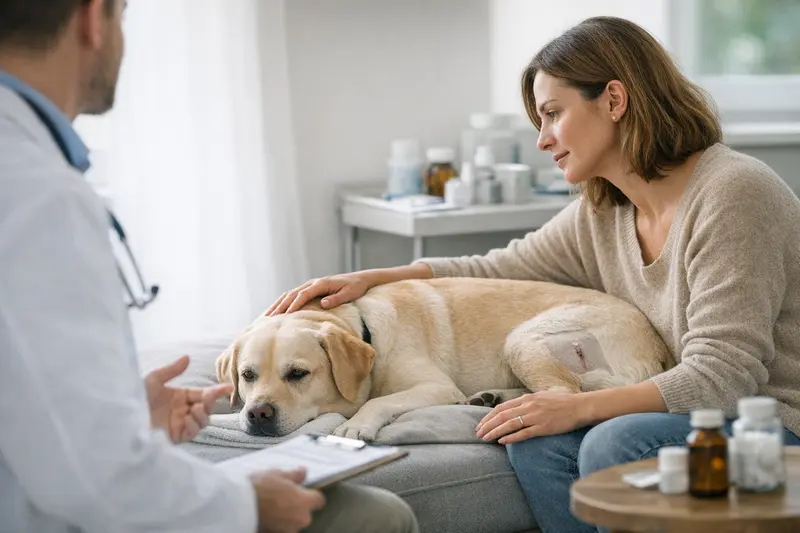 Hunde bei einer Untersuchung beim Tierarzt, um Voruntersuchungen und Nachsorge im Rahmen der OP-Versicherung zu veranschaulichen.