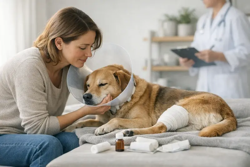 Hund erhält Nachsorge nach einer Operation beim Tierarzt.