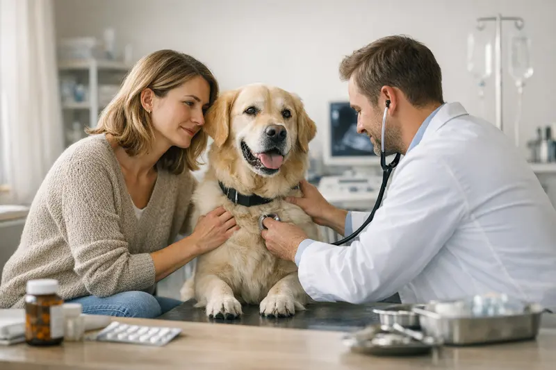 Krankenversicherung für Hunde Ein gesunder Hund mit Tierarzt, der über Krankenversicherungsleistungen informiert wird.