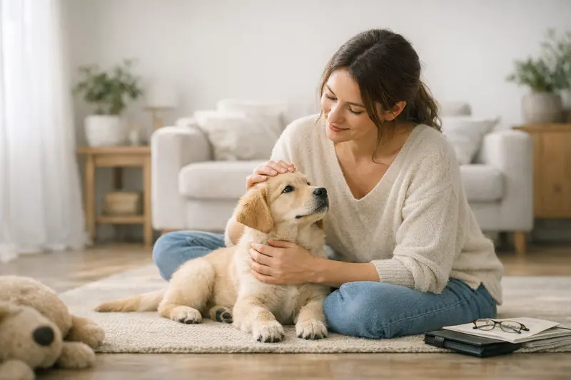 Ein glücklicher Hund mit seinem Besitzer beim Tierarzt, um die Bedeutung der Krankenversicherung zu verdeutlichen.