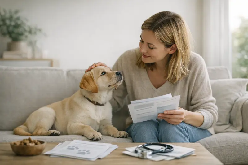 Junger Hund mit Tierarzt, der die Bedeutung von Versicherung und Kosten für tierärztliche Behandlungen erklärt.