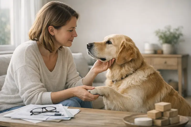 Hundeversicherung - Wann abschließen? Hundebesitzer, der sich über die Vorteile einer Hundeversicherung informiert.