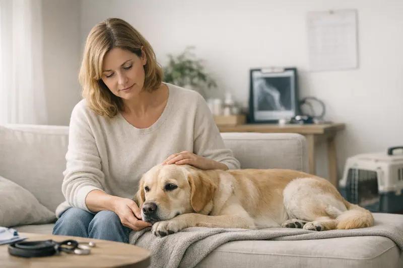 Hundekrankenversicherung und Wartezeiten Eine besorgte Hundebesitzerin spricht mit einem Tierarzt über Wartezeiten in der Hundekrankenversicherung.