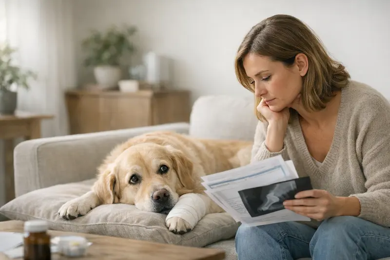 Wartezeiten bei Hundeverischerungen Hundehalter überlegt, ob er eine Versicherung für seinen Hund abschließen soll und denkt über Wartezeiten nach.