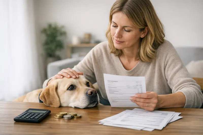 Eine Hundebesitzerin betrachtet ihren Hund beim Tierarzt, während sie Informationen zur Selbstbeteiligung bei der Hundeversicherung einholt.