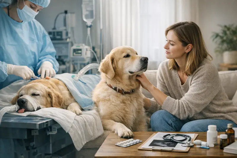 Ein Hund bei einem Tierarzt, der auf eine Untersuchung vorbereitet wird, zeigt den Unterschied zwischen OP- und Krankenversicherung.