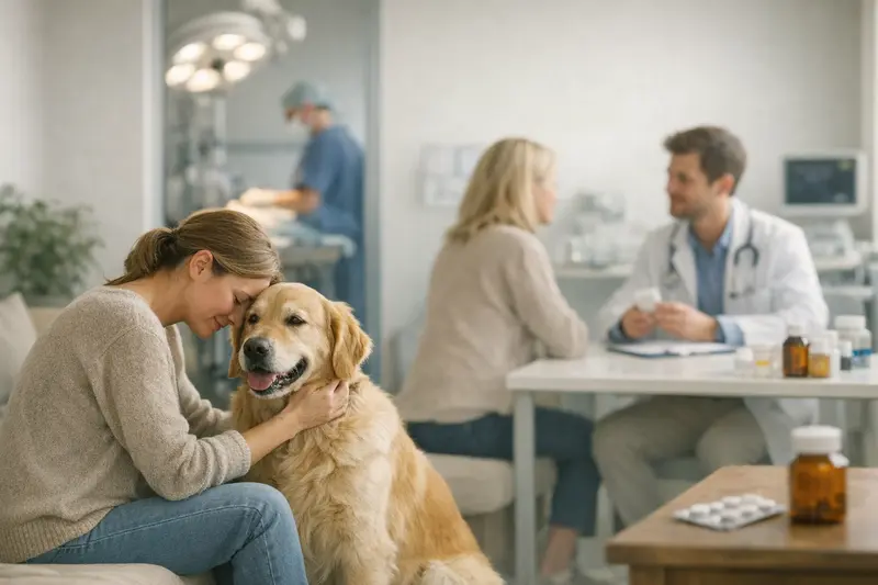 Unterschied zwischen OP- und Krankenversicherung für Hunde Eine Hundebesitzerin bespricht mit ihrem Tierarzt die Unterschiede zwischen OP- und Krankenversicherung für Hunde.