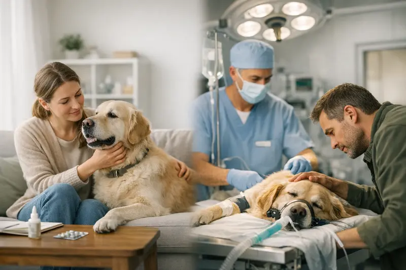Unterschied zwischen OP- und Krankenversicherung für Hunde Ein Hund wird bei einer tierärztlichen Untersuchung behandelt.