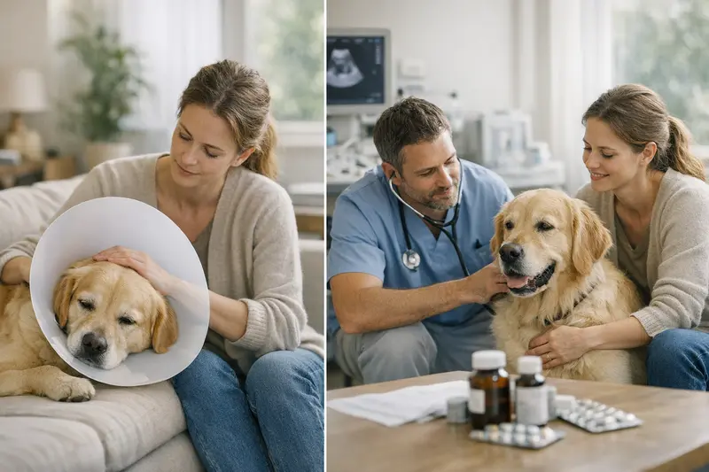 Unterschied zwischen OP- und Krankenversicherung für Hunde Ein Hund im tierärztlichen Untersuchung mit einem Tierarzt, der verschiedene Behandlungsoptionen erklärt.