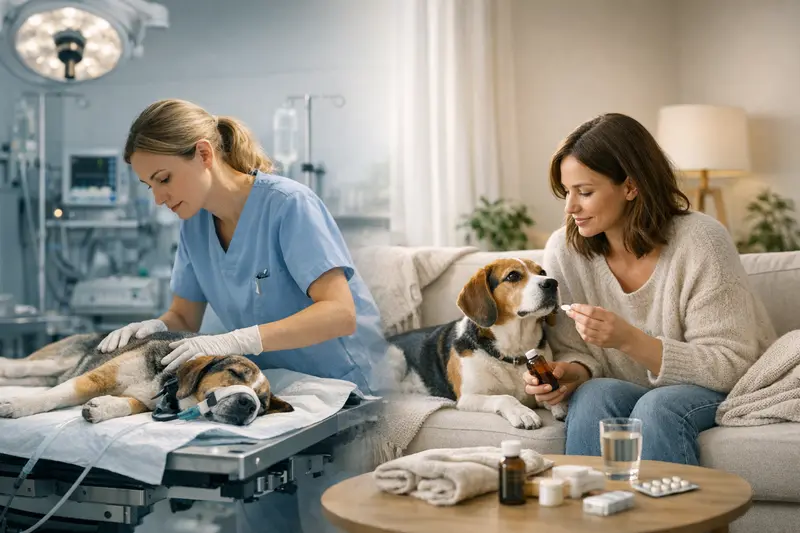 Untersuchung des Hundes beim Tierarzt Ein Hund wird von einem Tierarzt untersucht, um den Unterschied zwischen OP-Versicherung und Krankenversicherung zu verdeutlichen.