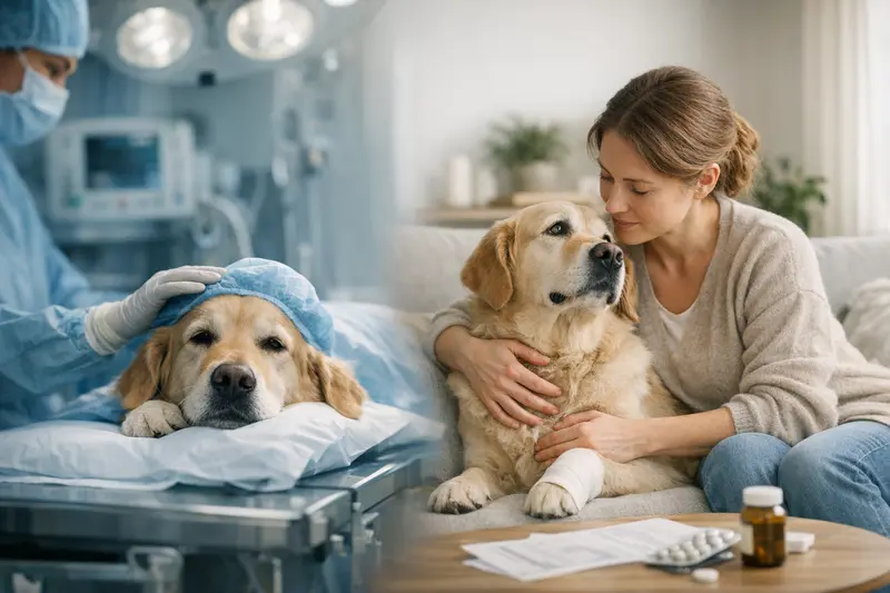 Unterschied OP- und Krankenversicherung für Hunde Illustration eines Hundes mit Tierarzt, um den Unterschied zwischen OP-Versicherung und Krankenversicherung zu verdeutlichen.