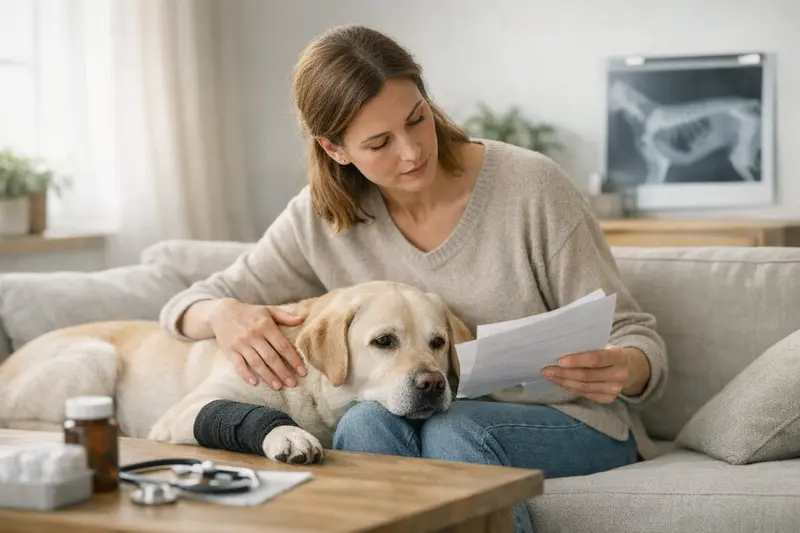 Glücklicher Hund beim Tierarzt, der auf gesundheitliche Vorerkrankungen untersucht wird.