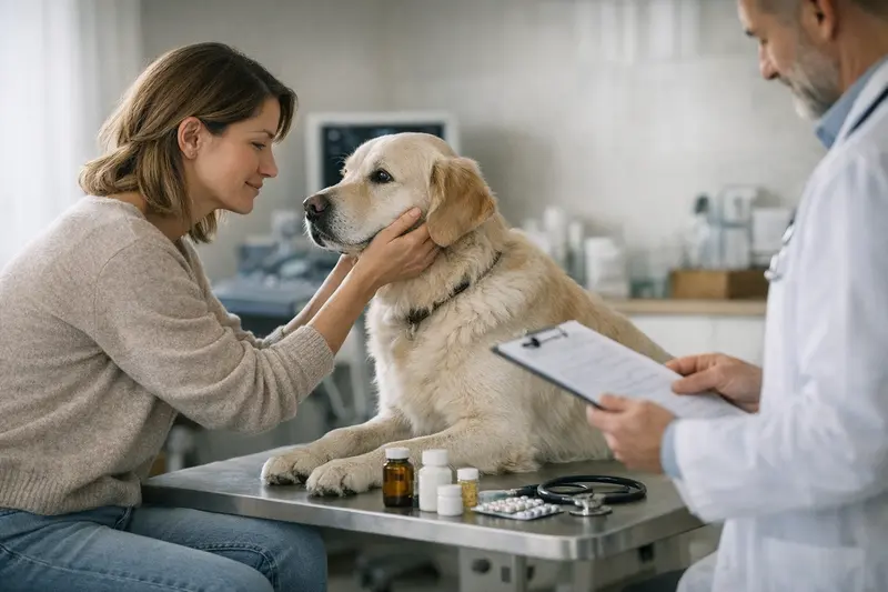 Hundeversicherung und Gesundheitsversorgung Hund bei einer Untersuchung beim Tierarzt, der die Optionen einer Krankenversicherung erklärt.