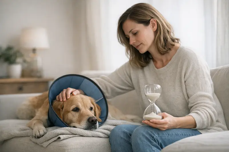 Ein Hund beim Tierarzt, während eine Tierärztin über die Wartezeiten bei Hundeversicherungen informiert.