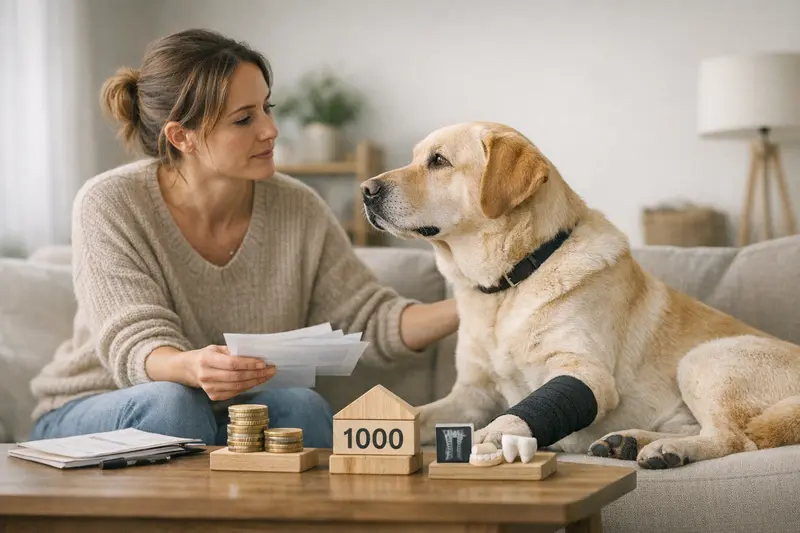 Ein Hund steht vor einem Tierarzt, während seine Besitzerin die Versicherungsdetails bespricht.