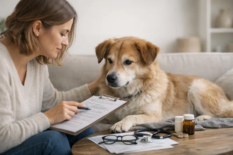 Tarifdetails der Hundekrankenversicherung Hund beim Tierarzt, während die Erstattung detailliert besprochen wird.