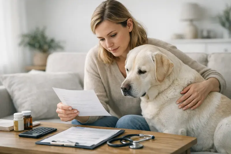 Beratung zur Hundekrankenversicherung Eine engagierte Tierärztin berät einen Hundebesitzer zur Hundekrankenversicherung und Erstattungsdetails.