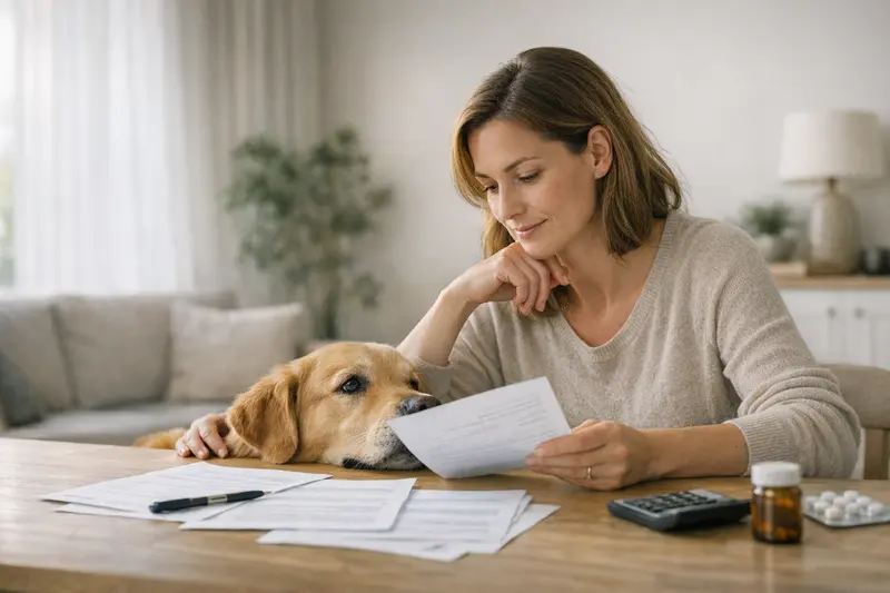Ein Hundefutternapf mit Medizinfeldern, die Tarifdetails einer Hundeversicherung symbolisieren.