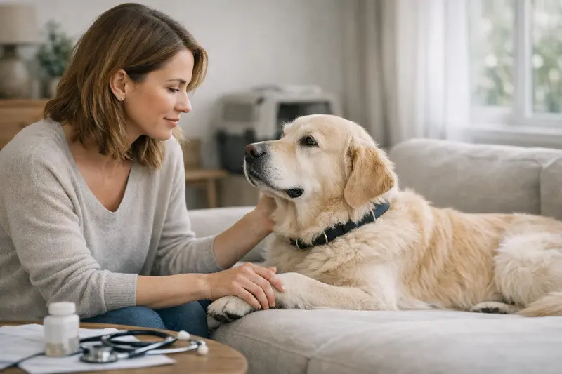 Tierärztliche Untersuchung eines Hundes Hundefoto mit Tierärztin, die dem Hund eine Untersuchung erklärt, während der Halter aufmerksam zuschaut.