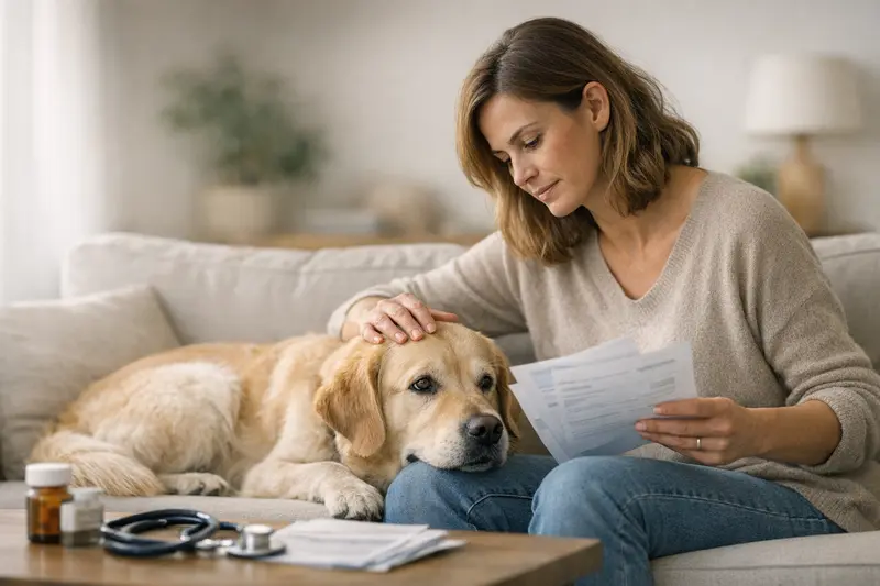 Hundeversicherung Selbstbeteiligung und Limits Ein entspannter Hund während einer tierärztlichen Untersuchung, die Selbstbeteiligung und Limits der Versicherung betrifft.