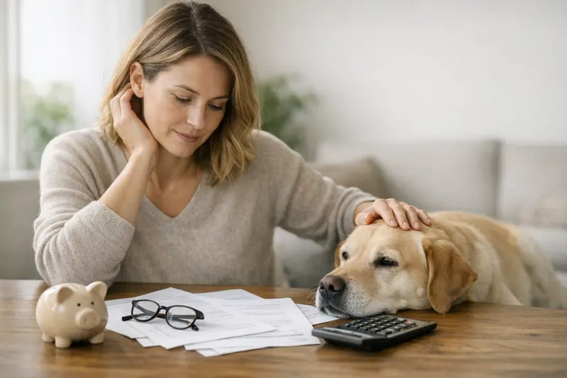 Hundeversicherung: Limits und Selbstbeteiligung Eine entspannt liegende Labrador-Hündin beim Tierarzt, der die Gesundheitsunterlagen prüft.