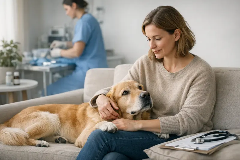Hund vor Tierarzt - Tierkrankenversicherung im Fokus Ein glücklicher Hund, der vor einem Tierarzt wartet, symbolisiert die Überlegung zur Tierkrankenversicherung.