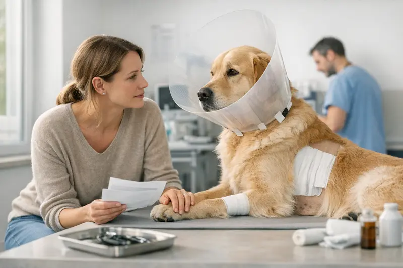 Tierarztberatung zur OP-Versicherung Ein Tierarzt erklärt einem Hundebesitzer den Ablauf von Voruntersuchungen vor einer OP sowie Nachbehandlungen.