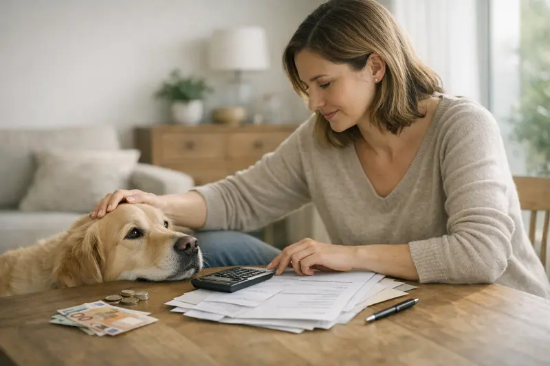 Rolle der Selbstbeteiligung in der Tierkrankenversicherung Eine Hand hält eine Tierarztrechnung neben einem Hund, symbolisiert die Rolle der Selbstbeteiligung in der Tierkrankenversicherung.