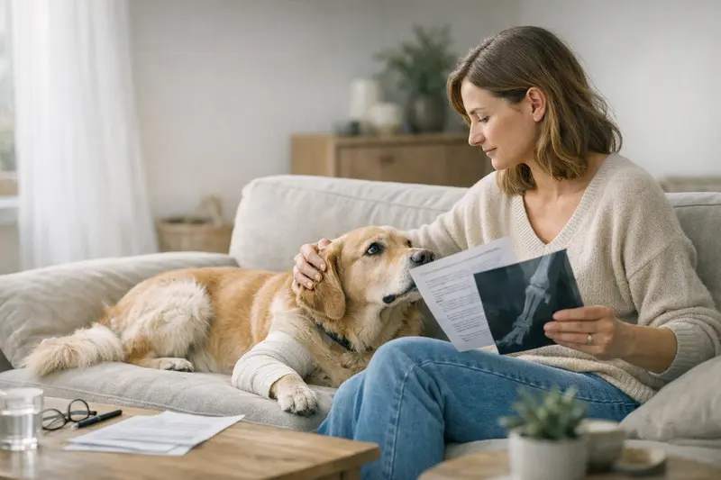 Hundehalter betrachtet Versicherungsunterlagen zur Haustierkrankenversicherung.