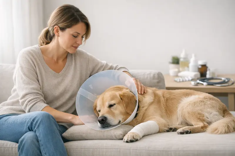OP-Schutz für Hunde im Fokus Hundehalter bespricht mit Tierarzt die Vor- und Nachteile eines OP-Schutzes für Hunde.