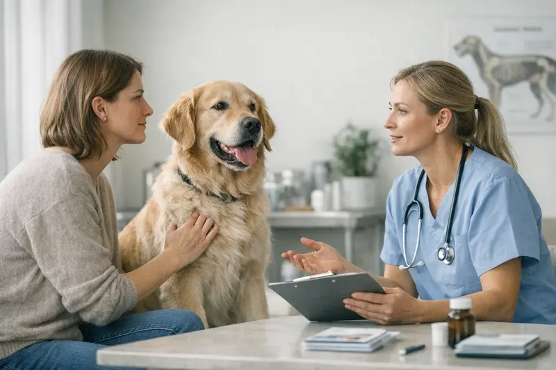Hundehalter diskutiert über Vorsorgeleistungen der Hundeversicherung beim Tierarzt.