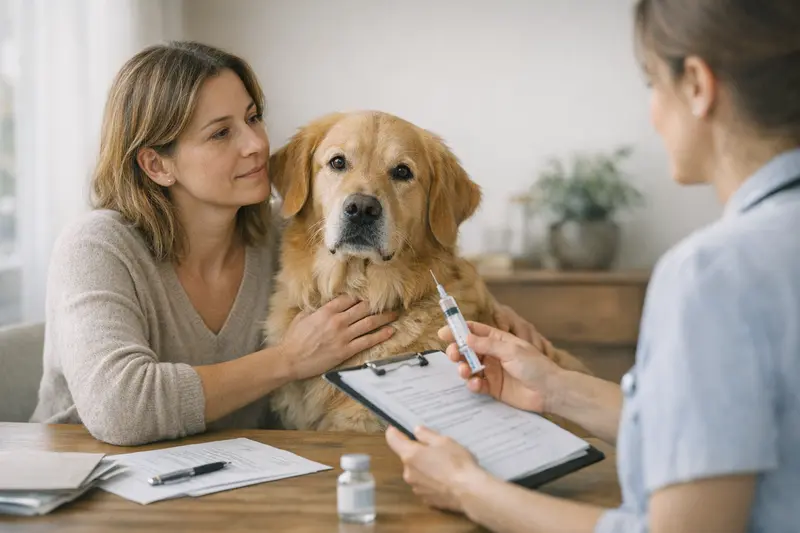 Vorsorgeleistungen in der Hundeversicherung Hündchen beim Tierarzt für Vorsorgeuntersuchung und Impfungen