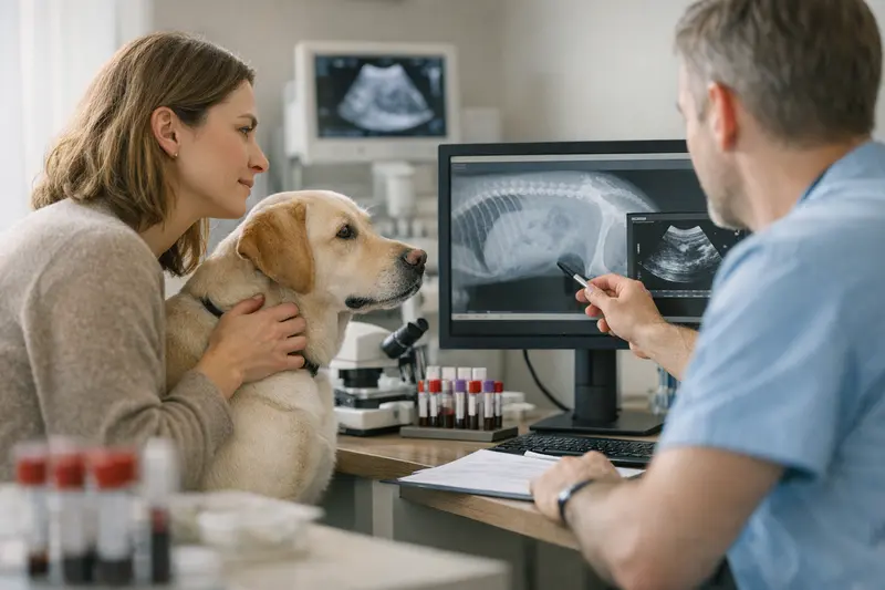 Diagnostik in der Hundeversicherung Tierarzt bei der Diagnostik eines Hundes, inklusive Laboruntersuchungen und Bildgebung.