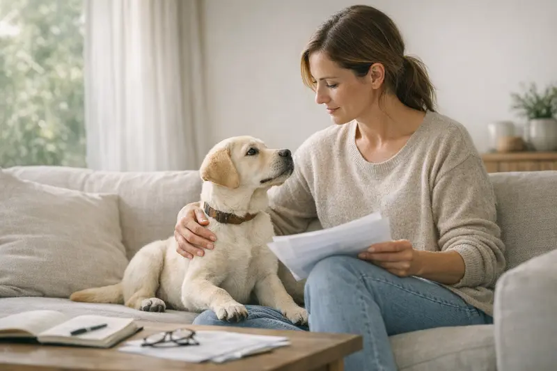 Bester Zeitpunkt für Hundeversicherung Ein glücklicher Hund mit einem Besitzer, der über die Hundeversicherung nachdenkt.